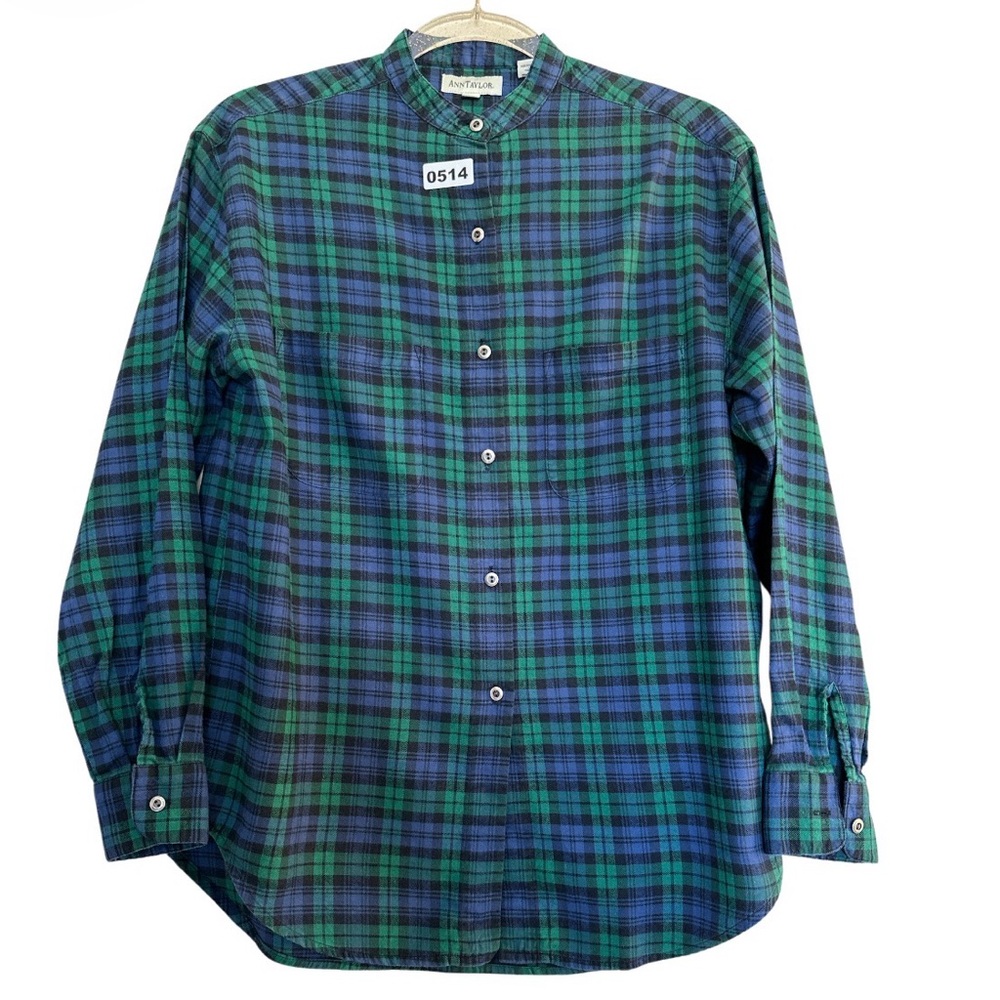 Ann Taylor Women's Plaid Button Down Shirt in Green and Blue
